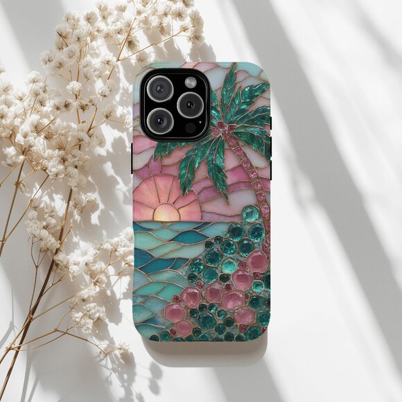 Tropical Stained Glass IPhone 16,15,14,13 (Pro Max,Pro,Plus) Cell Phone Case - Picture 1 of 14